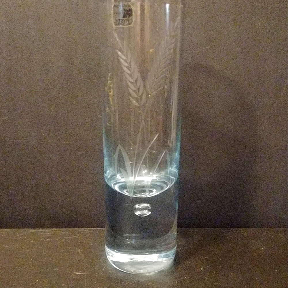 Vtg Kalmar Lead Crystal Etched Wheat 8” Blue Clear